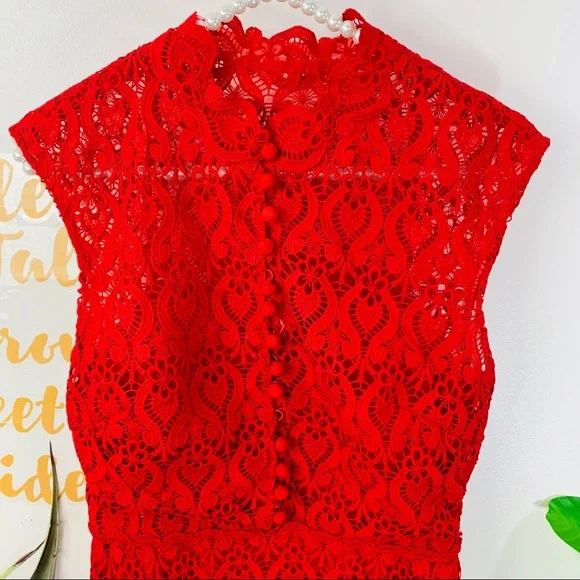 MIKAEL AGHAL Red Lace Sleeveless Midi Dress Size 2 - Picture 7 of 15